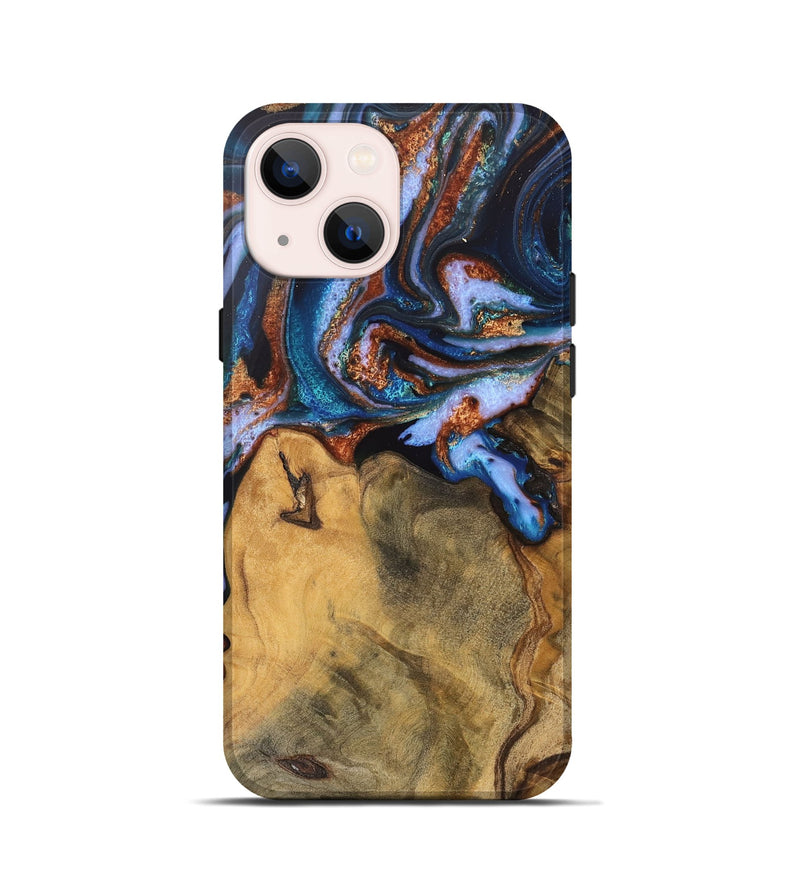 iPhone 13 mini Wood Live Edge Phone Case - Dario (Teal & Gold, 745682)