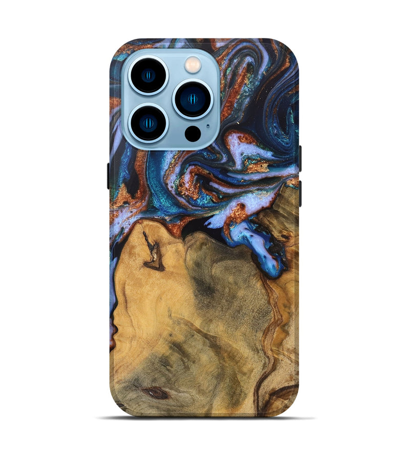 iPhone 14 Pro Wood Live Edge Phone Case - Dario (Teal & Gold, 745682)