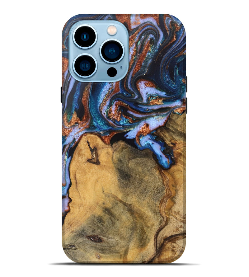 iPhone 14 Pro Max Wood Live Edge Phone Case - Dario (Teal & Gold, 745682)