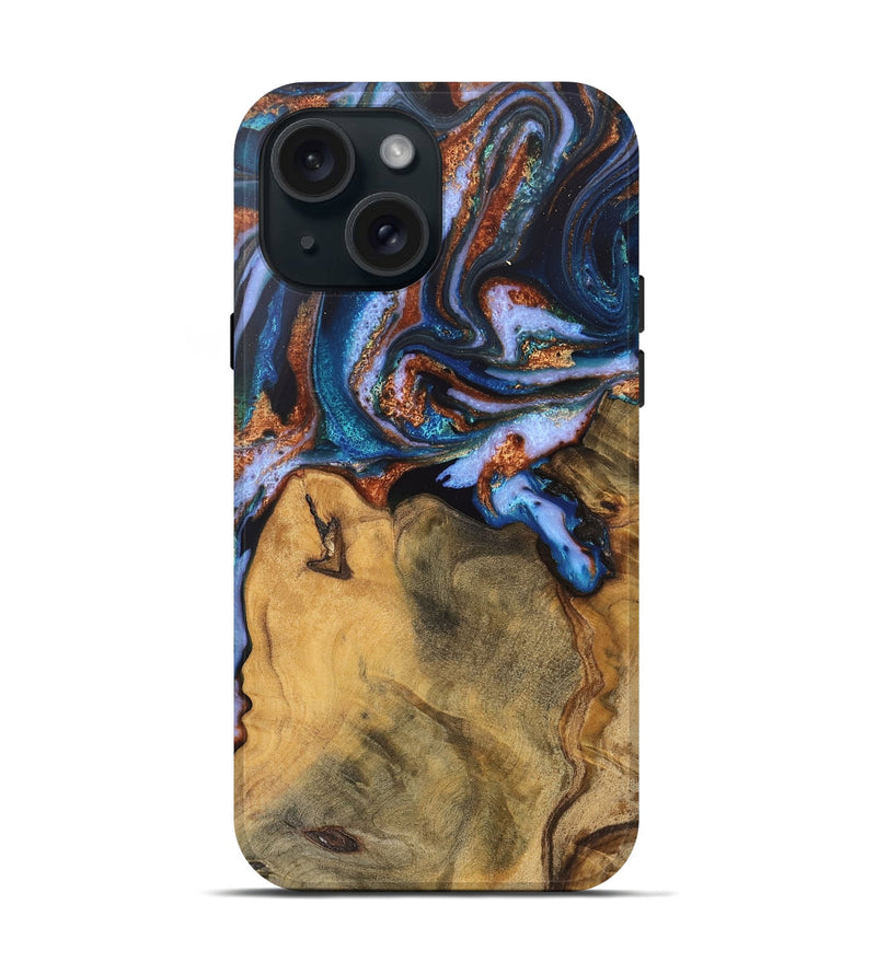 iPhone 15 Wood Live Edge Phone Case - Dario (Teal & Gold, 745682)