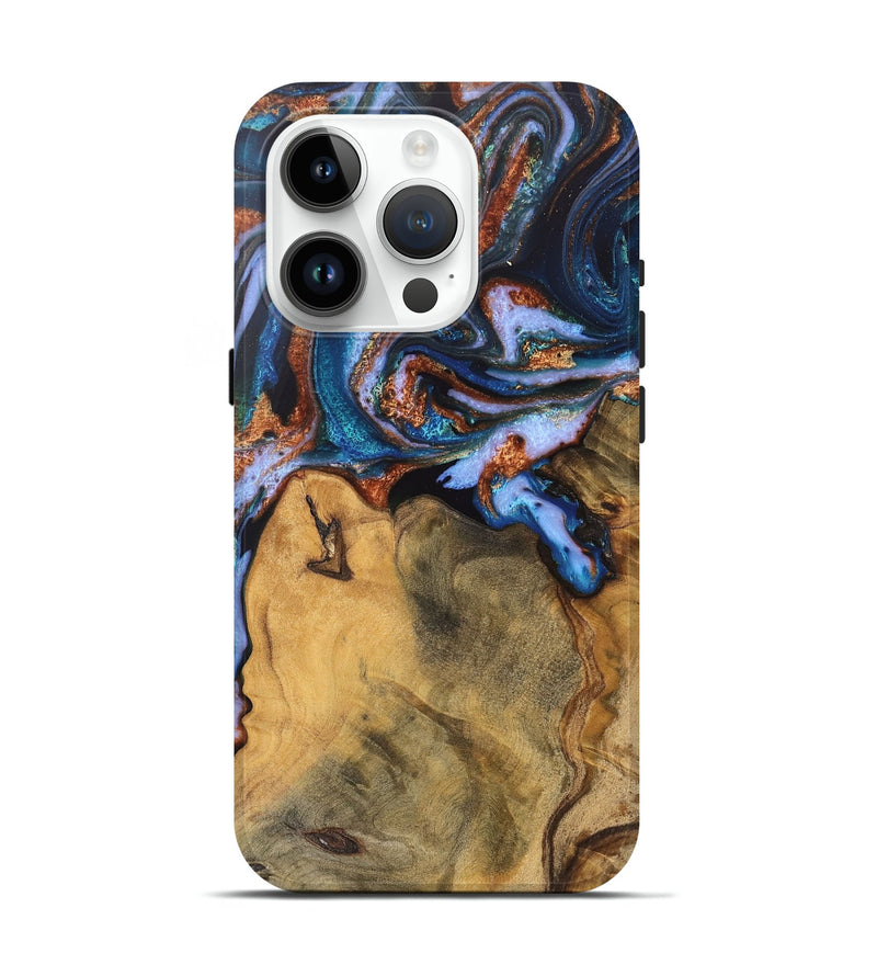 iPhone 15 Pro Wood Live Edge Phone Case - Dario (Teal & Gold, 745682)