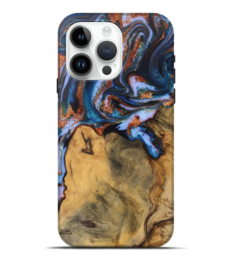 iPhone 15 Pro Max Wood Live Edge Phone Case - Dario (Teal & Gold, 745682)