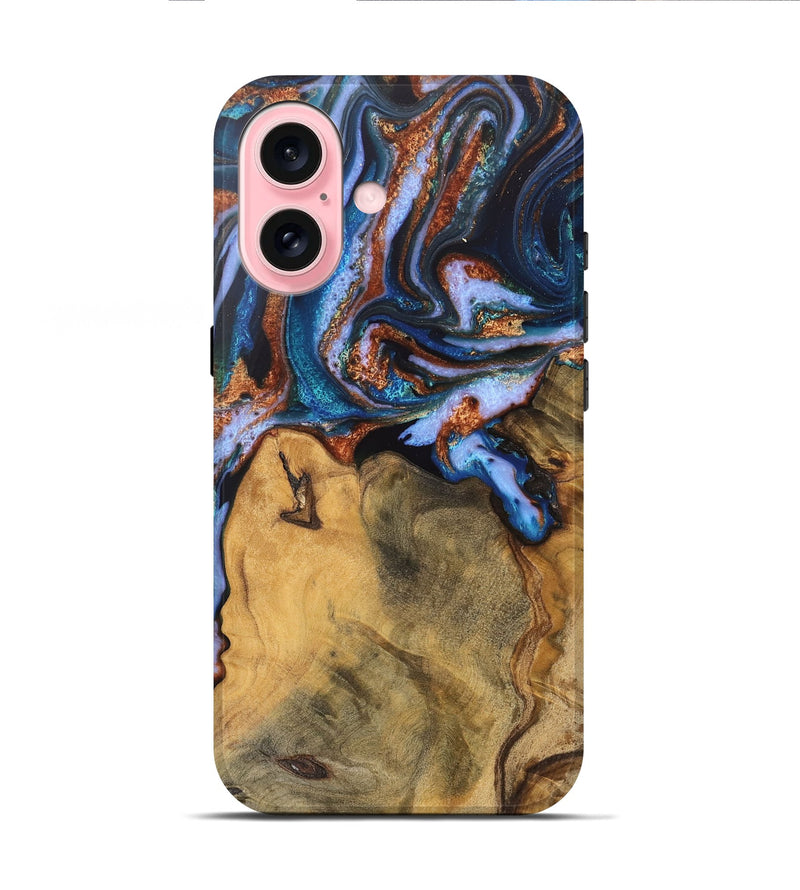 iPhone 16 Wood Live Edge Phone Case - Dario (Teal & Gold, 745682)