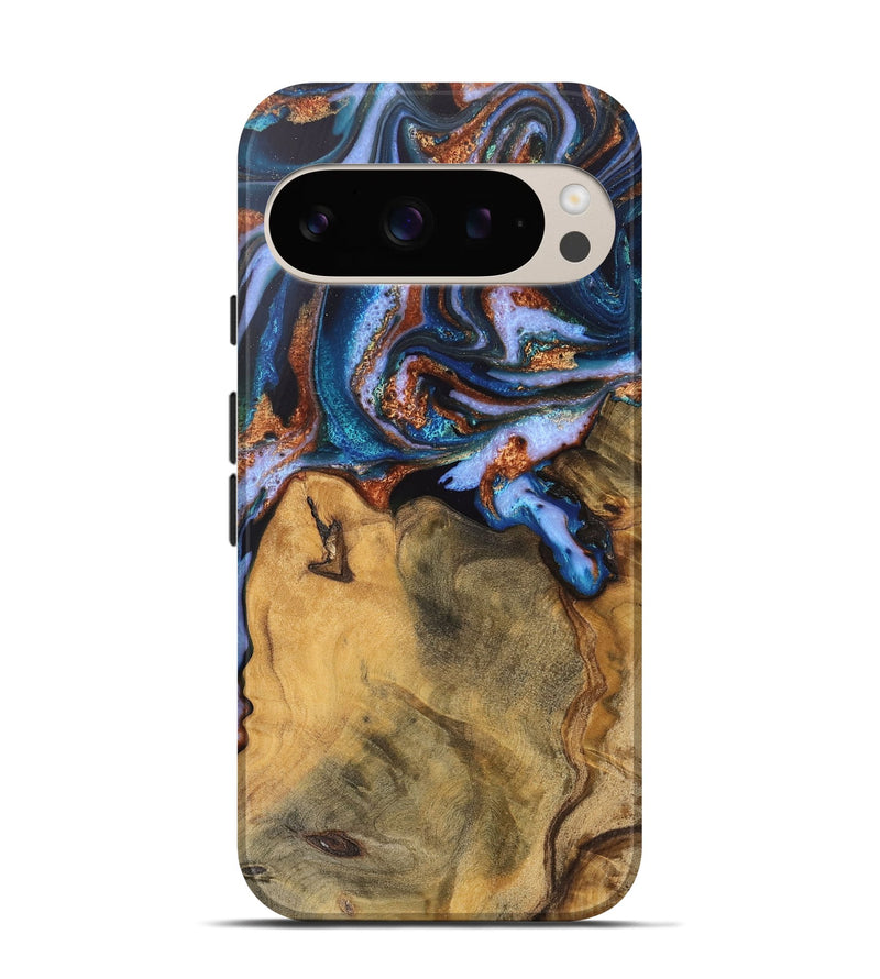 Pixel 9 Wood Live Edge Phone Case - Dario (Teal & Gold, 745682)