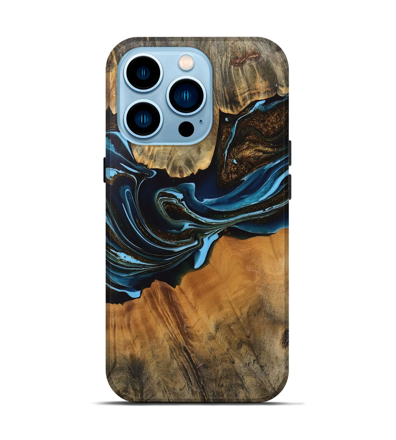 iPhone 14 Pro Wood Live Edge Phone Case - Darcy (Teal & Gold, 745710)