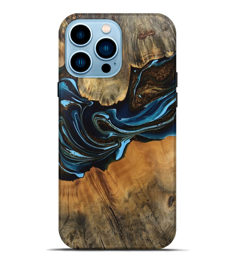 iPhone 14 Pro Max Wood Live Edge Phone Case - Darcy (Teal & Gold, 745710)