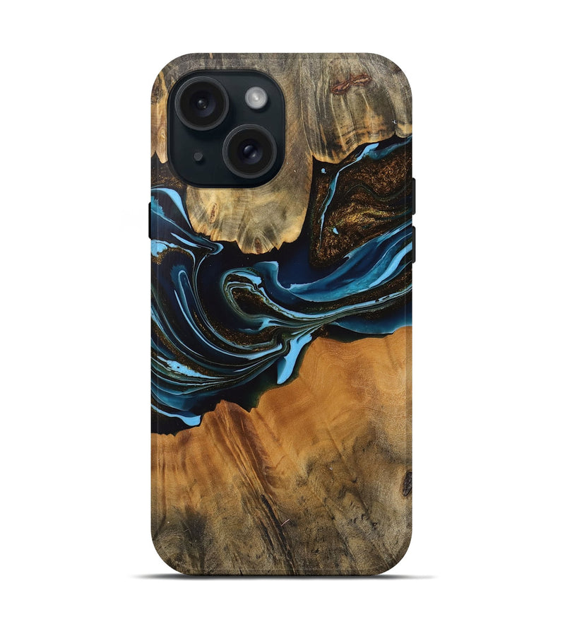 iPhone 15 Wood Live Edge Phone Case - Darcy (Teal & Gold, 745710)