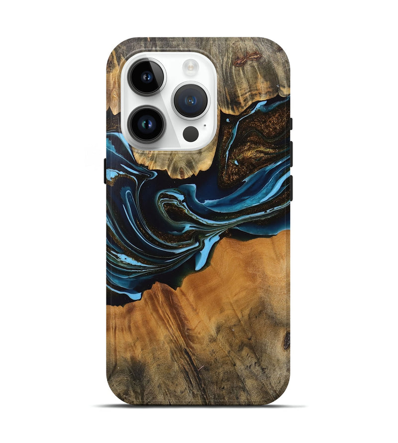 iPhone 15 Pro Wood Live Edge Phone Case - Darcy (Teal & Gold, 745710)