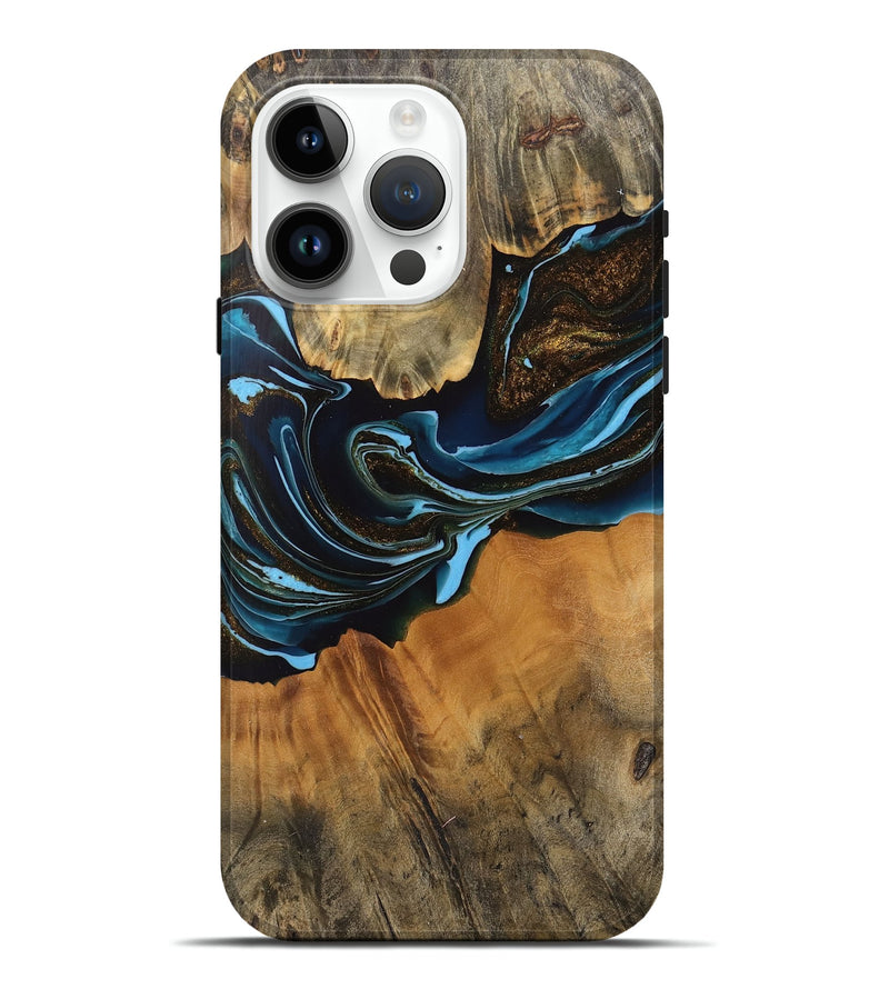 iPhone 15 Pro Max Wood Live Edge Phone Case - Darcy (Teal & Gold, 745710)