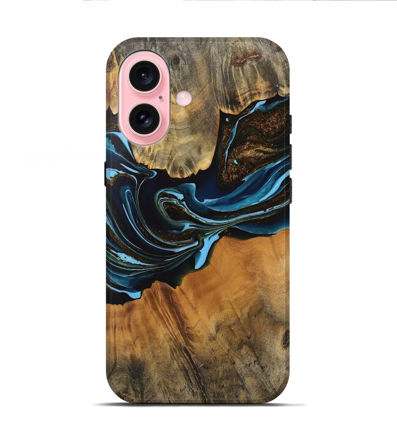 iPhone 16 Wood Live Edge Phone Case - Darcy (Teal & Gold, 745710)