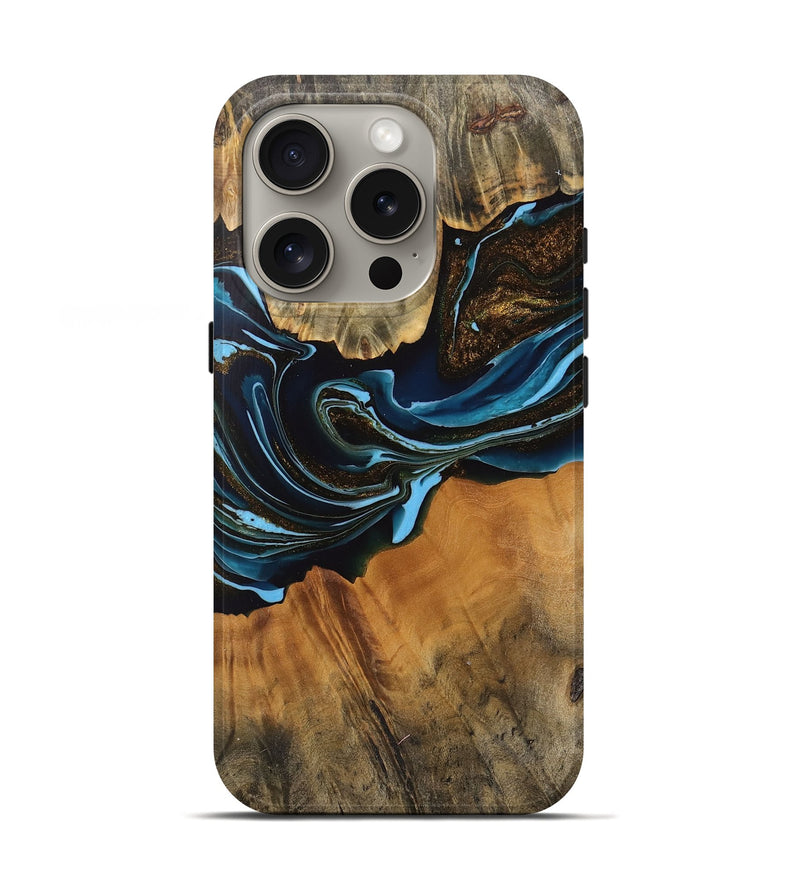 iPhone 16 Pro Wood Live Edge Phone Case - Darcy (Teal & Gold, 745710)