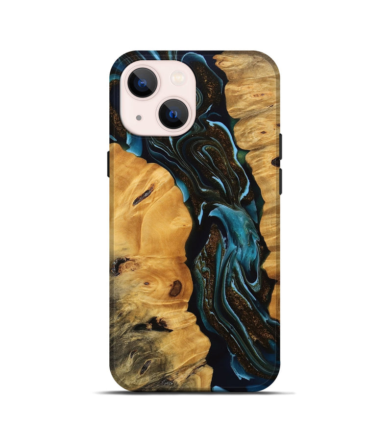 iPhone 13 mini Wood Live Edge Phone Case - Cooper (Teal & Gold, 745717)