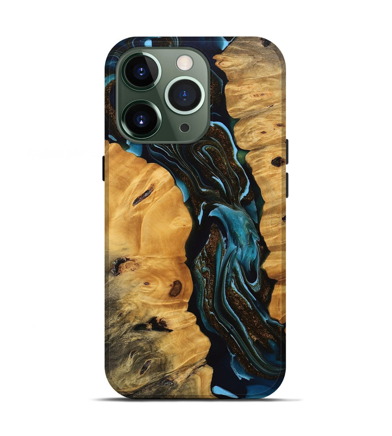 iPhone 13 Pro Wood Live Edge Phone Case - Cooper (Teal & Gold, 745717)