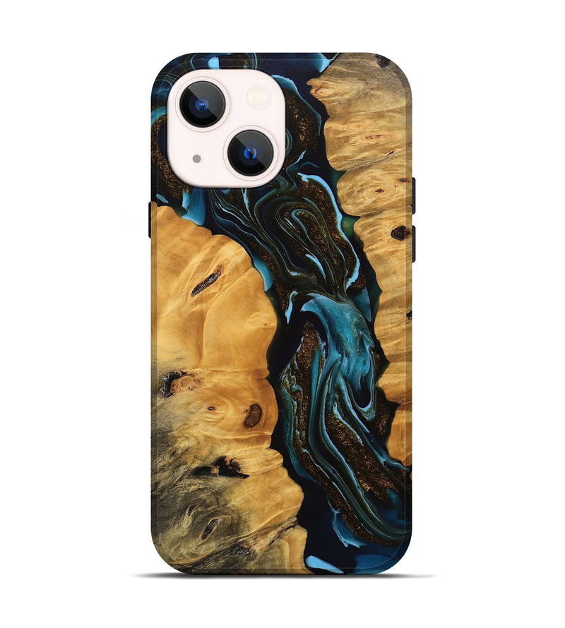 iPhone 14 Wood Live Edge Phone Case - Cooper (Teal & Gold, 745717)