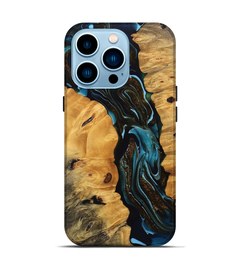 iPhone 14 Pro Wood Live Edge Phone Case - Cooper (Teal & Gold, 745717)