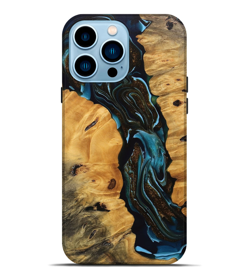 iPhone 14 Pro Max Wood Live Edge Phone Case - Cooper (Teal & Gold, 745717)