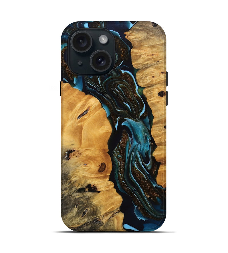 iPhone 15 Wood Live Edge Phone Case - Cooper (Teal & Gold, 745717)