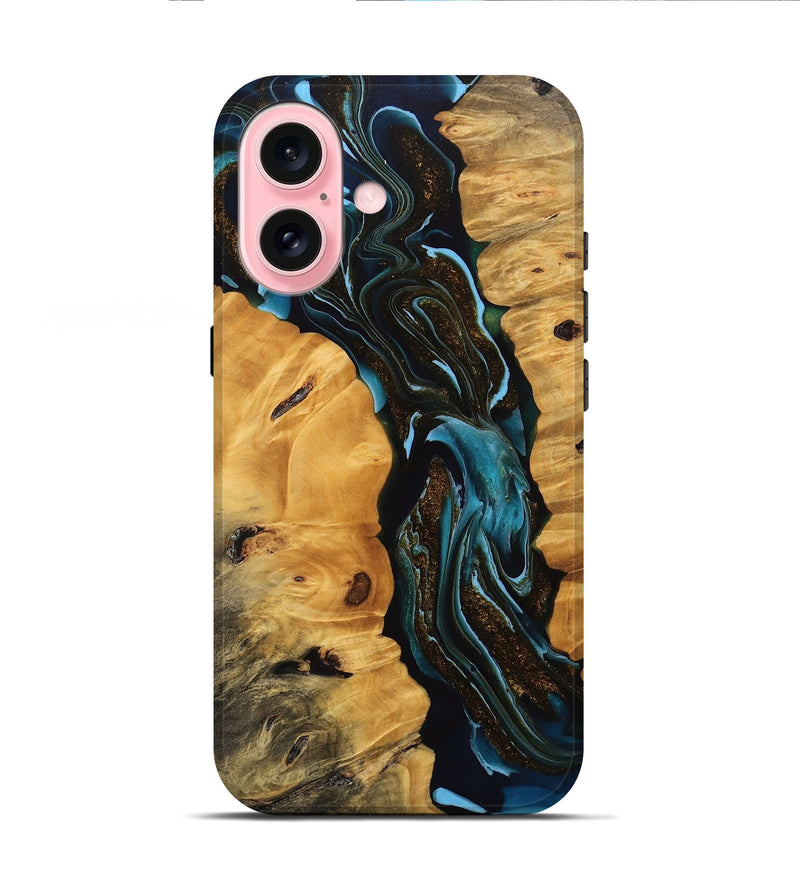 iPhone 16 Wood Live Edge Phone Case - Cooper (Teal & Gold, 745717)