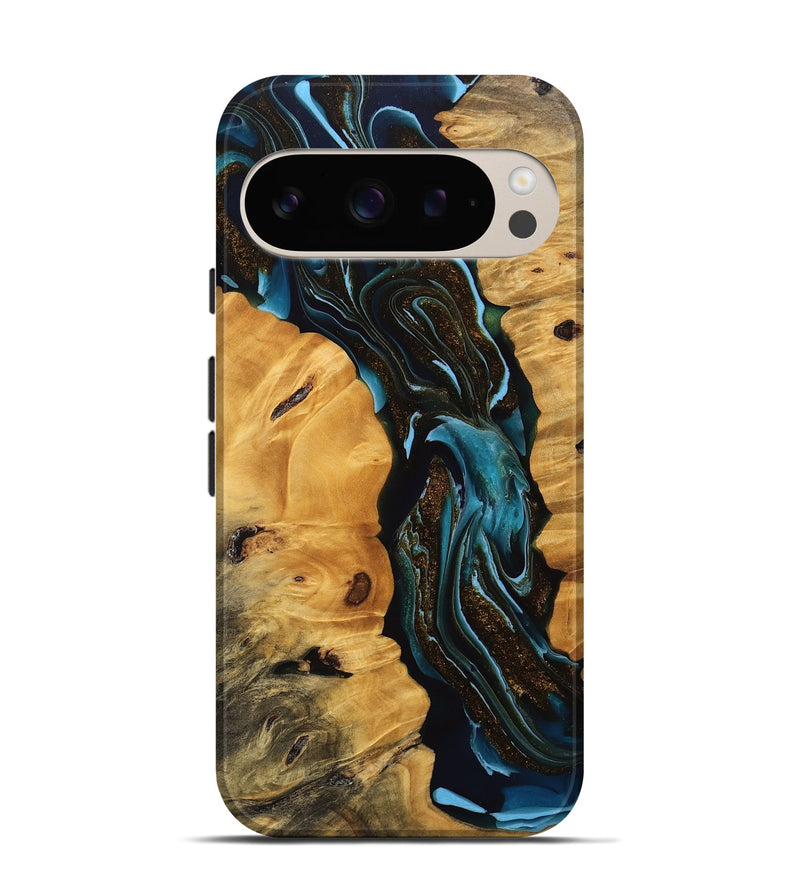 Pixel 9 Wood Live Edge Phone Case - Cooper (Teal & Gold, 745717)