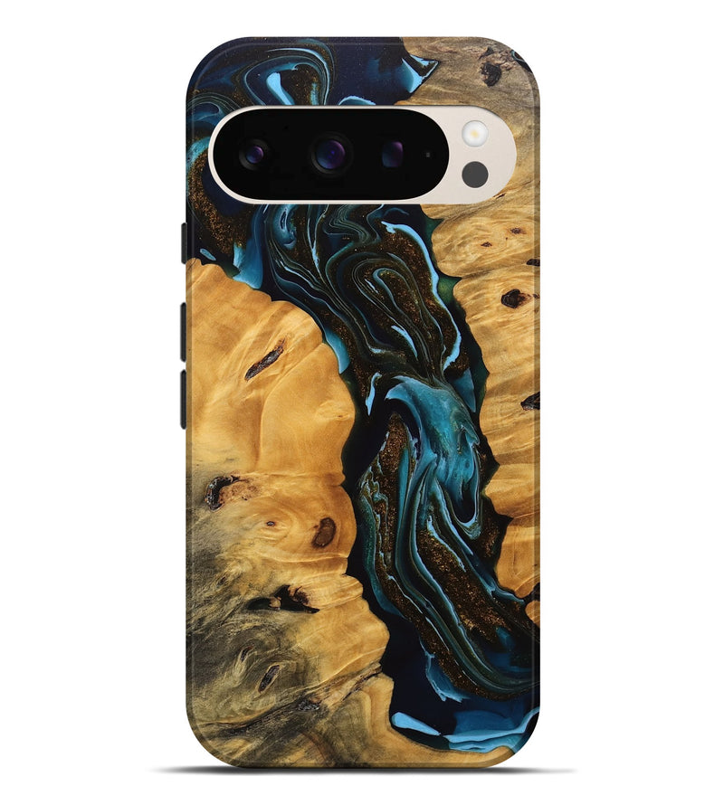 Pixel 9 Pro XL Wood Live Edge Phone Case - Cooper (Teal & Gold, 745717)