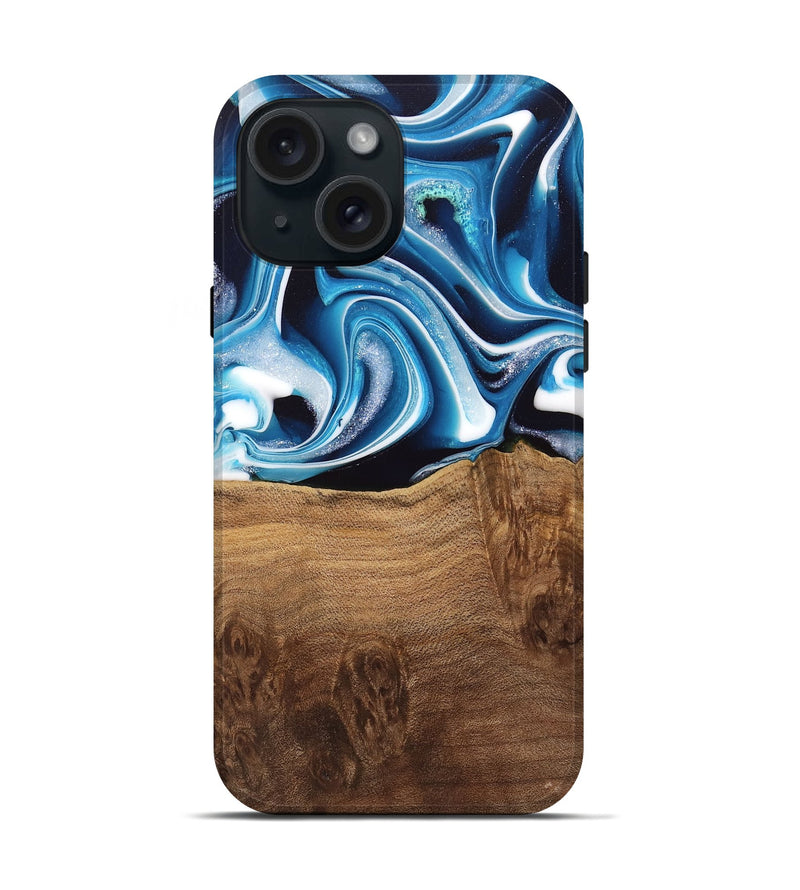 iPhone 15 Wood Live Edge Phone Case - Ayah (Blue, 745719)