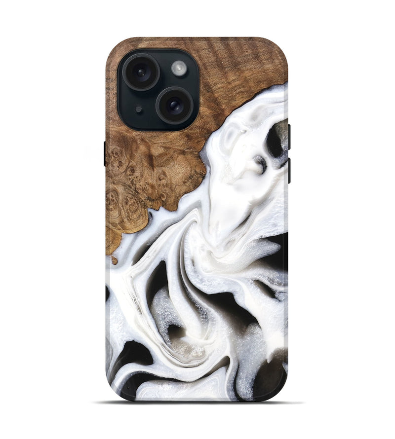 iPhone 15 Wood Live Edge Phone Case - Cindy (Black & White, 745735)