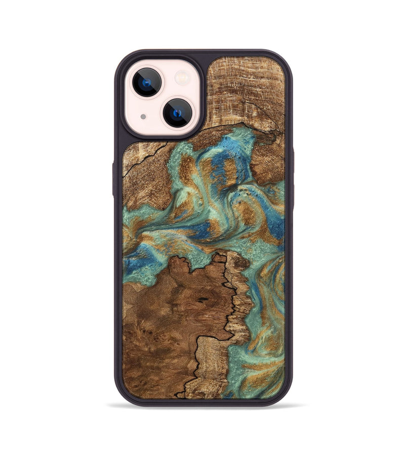 iPhone 14 Wood Phone Case - Halley (Teal & Gold, 745770)