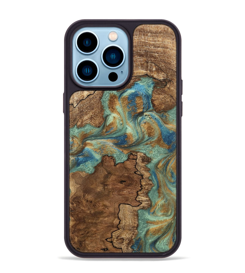 iPhone 14 Pro Max Wood Phone Case - Halley (Teal & Gold, 745770)