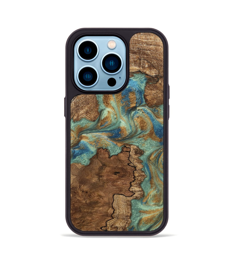 iPhone 14 Pro Wood Phone Case - Halley (Teal & Gold, 745770)