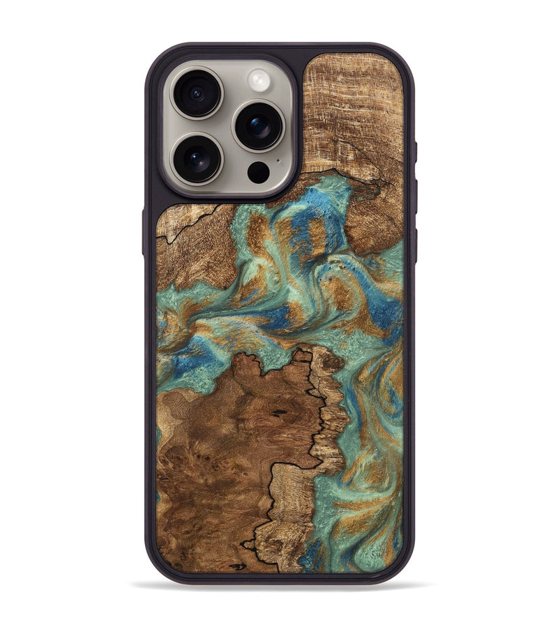 iPhone 15 Pro Max Wood Phone Case - Halley (Teal & Gold, 745770)