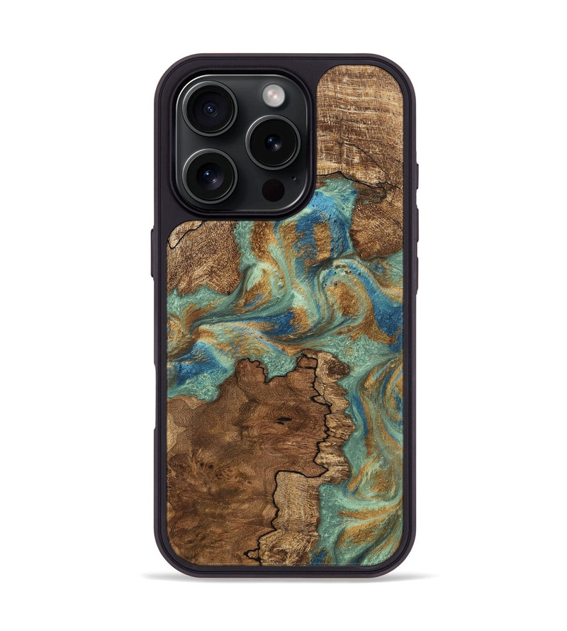 iPhone 16 Pro Wood Phone Case - Halley (Teal & Gold, 745770)