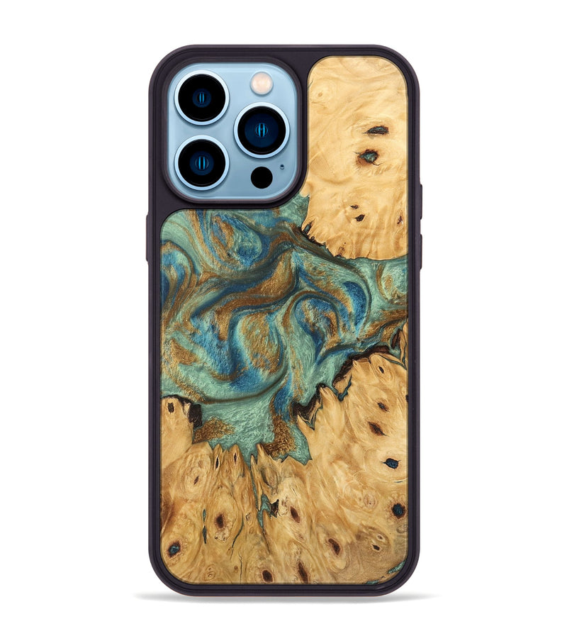 iPhone 14 Pro Max Wood Phone Case - Brown (Teal & Gold, 745944)