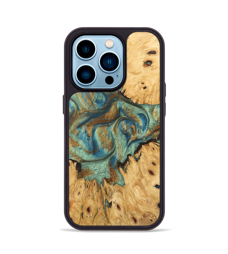 iPhone 14 Pro Wood Phone Case - Brown (Teal & Gold, 745944)