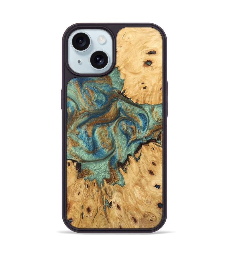 iPhone 15 Wood Phone Case - Brown (Teal & Gold, 745944)