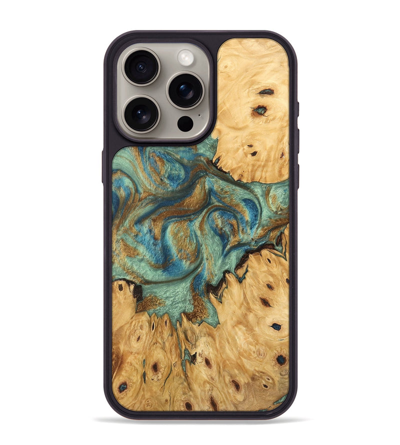 iPhone 15 Pro Max Wood Phone Case - Brown (Teal & Gold, 745944)