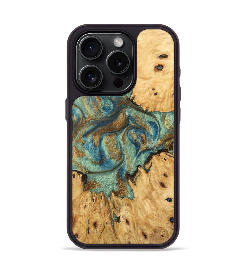 iPhone 15 Pro Wood Phone Case - Brown (Teal & Gold, 745944)