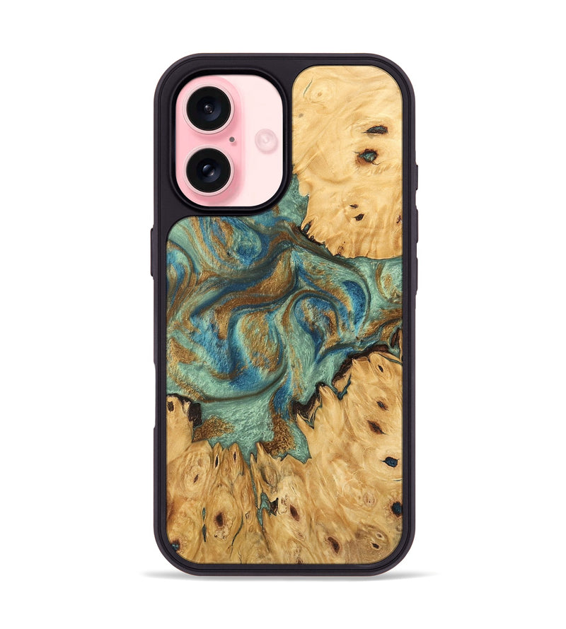 iPhone 16 Wood Phone Case - Brown (Teal & Gold, 745944)