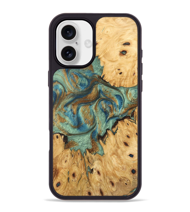 iPhone 16 Plus Wood Phone Case - Brown (Teal & Gold, 745944)