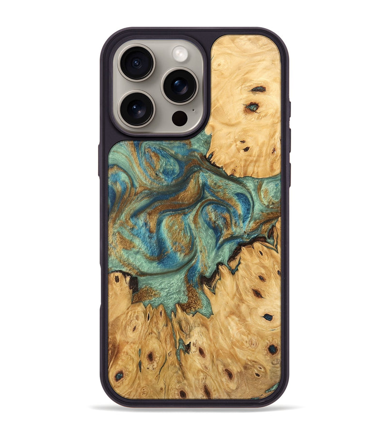 iPhone 16 Pro Max Wood Phone Case - Brown (Teal & Gold, 745944)