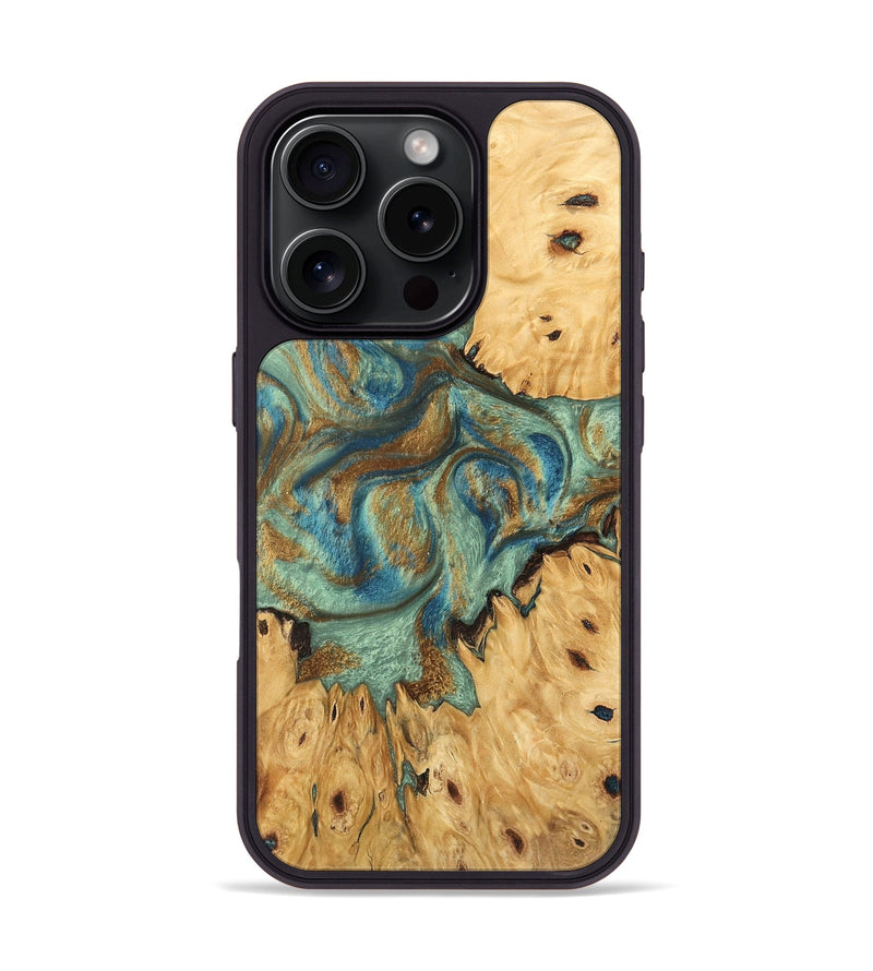 iPhone 16 Pro Wood Phone Case - Brown (Teal & Gold, 745944)