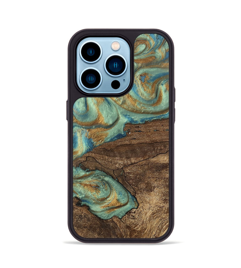 iPhone 14 Pro Wood Phone Case - Merton (Teal & Gold, 745945)