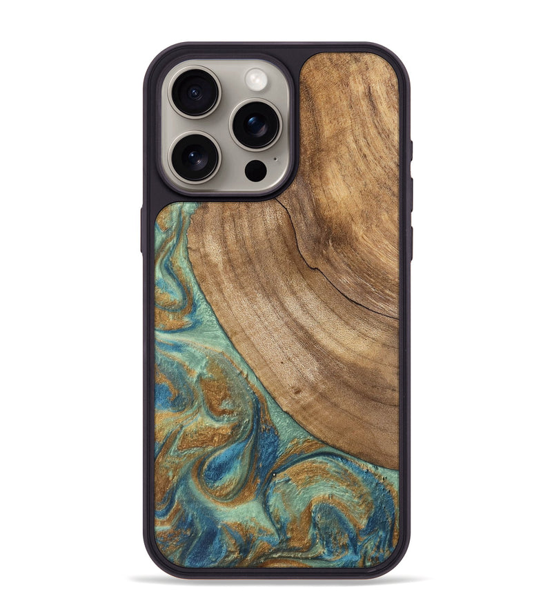 iPhone 15 Pro Max Wood Phone Case - Will (Teal & Gold, 745947)