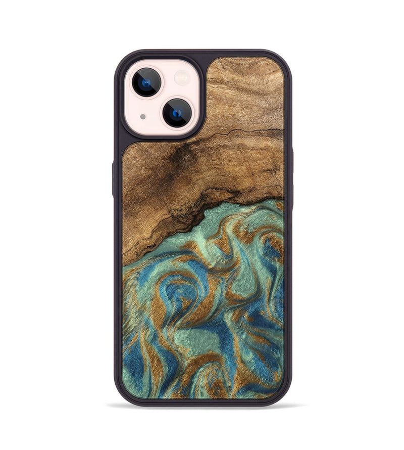 iPhone 14 Wood Phone Case - Paige (Teal & Gold, 745960)