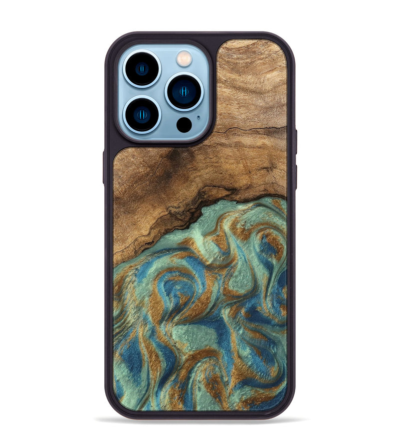 iPhone 14 Pro Max Wood Phone Case - Paige (Teal & Gold, 745960)