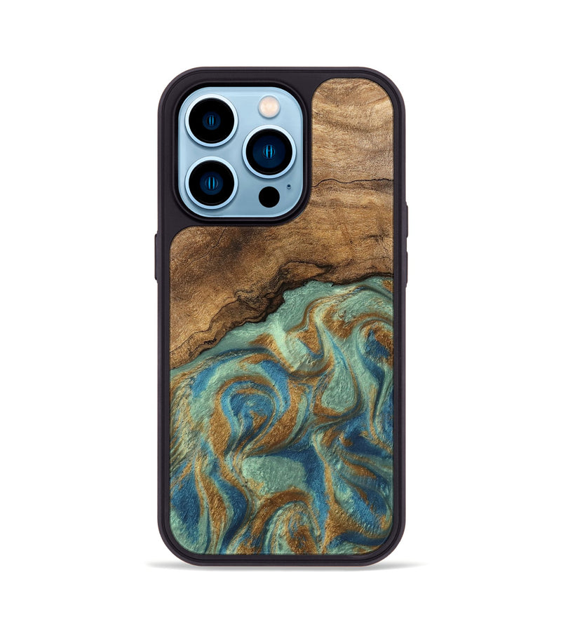 iPhone 14 Pro Wood Phone Case - Paige (Teal & Gold, 745960)