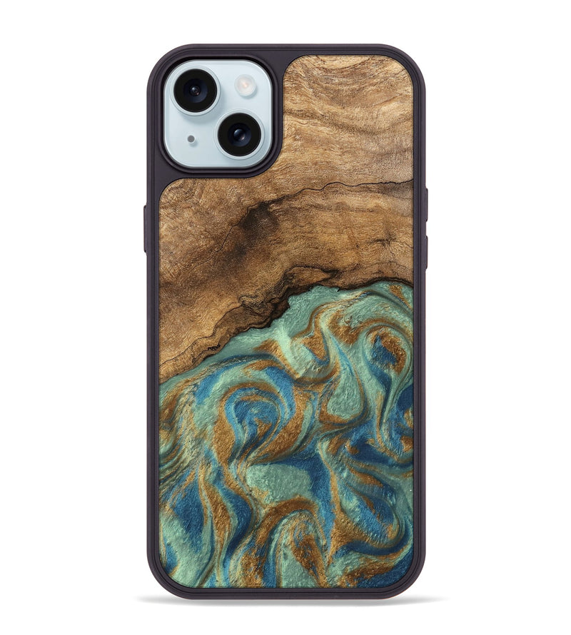 iPhone 15 Plus Wood Phone Case - Paige (Teal & Gold, 745960)