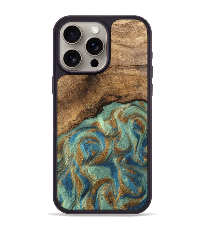 iPhone 15 Pro Max Wood Phone Case - Paige (Teal & Gold, 745960)