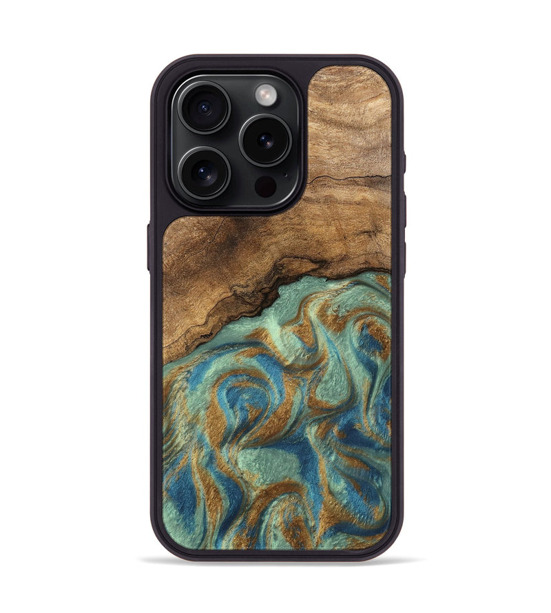 iPhone 15 Pro Wood Phone Case - Paige (Teal & Gold, 745960)