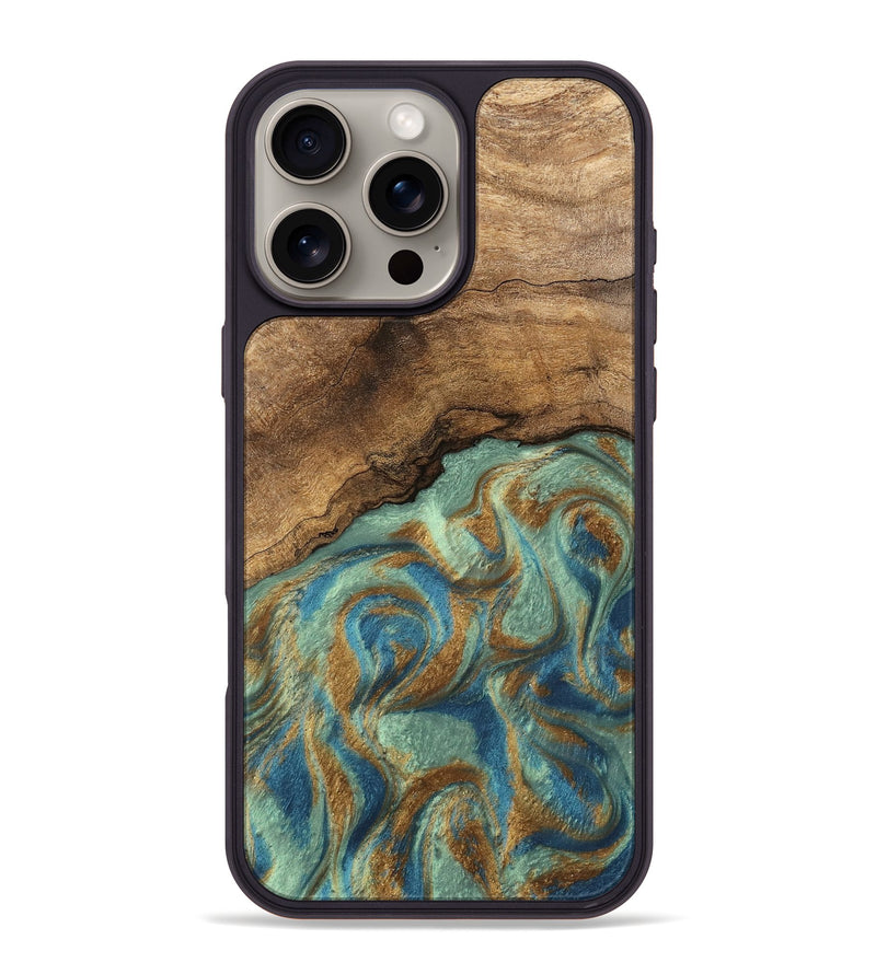 iPhone 16 Pro Max Wood Phone Case - Paige (Teal & Gold, 745960)