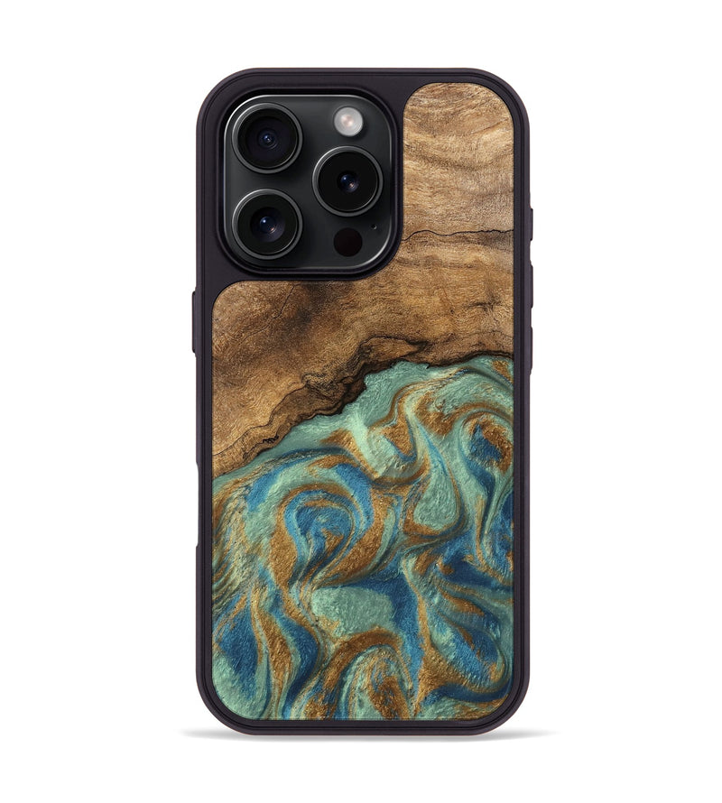 iPhone 16 Pro Wood Phone Case - Paige (Teal & Gold, 745960)